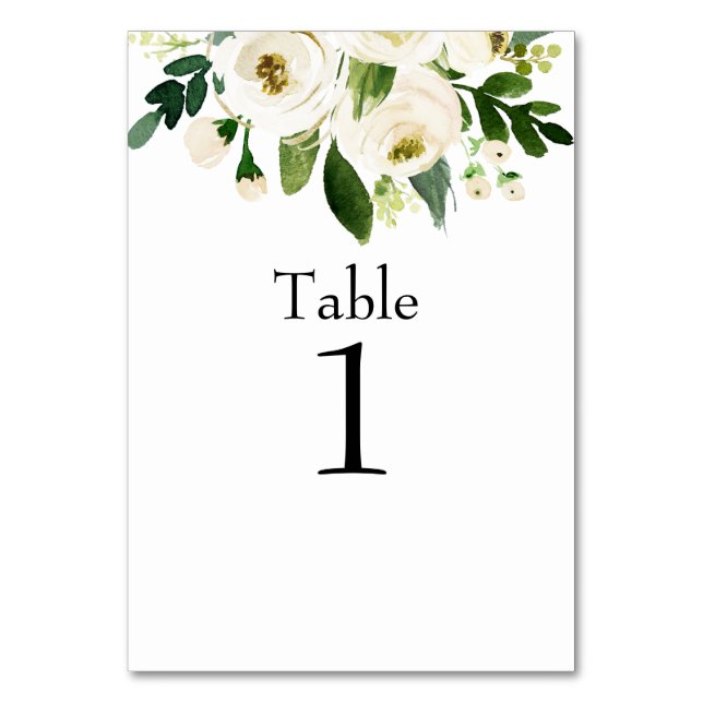 Watercolor White Floral Wedding  Table Number (Front)