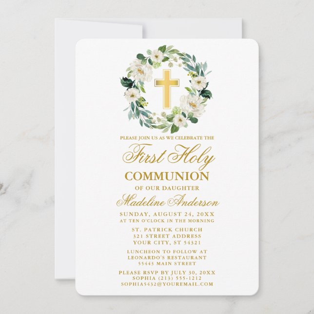 Watercolor White Floral Wreath First Communion Invitation (Front)