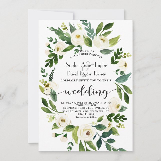 Watercolor White Floral Wreath Handwriting Wedding Invitation (Front)