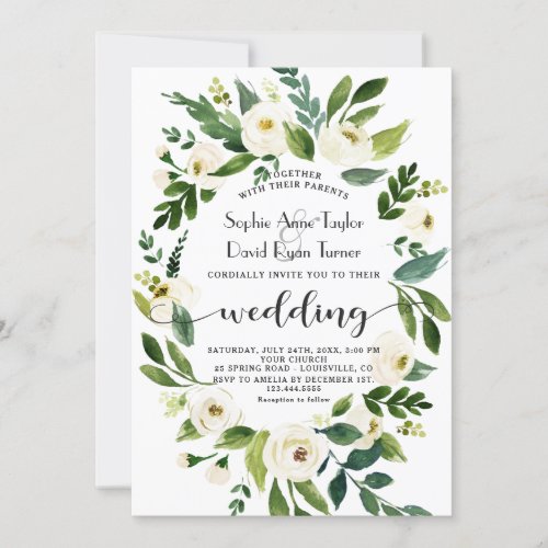 Watercolor White Floral Wreath Handwriting Wedding Invitation