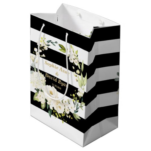 Watercolor White Floral Wreath Stripes Wedding Medium Gift Bag