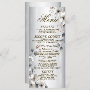 Watercolor White Flower Golden Frame Silver Dinner Menu
