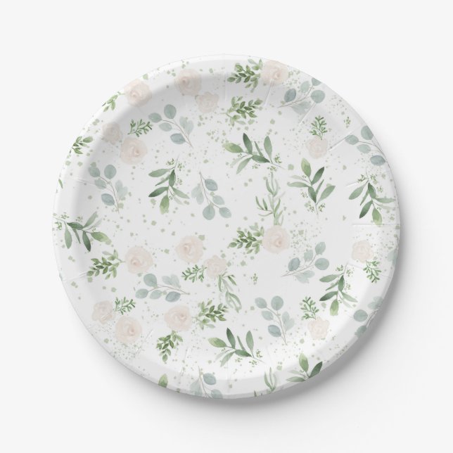 Watercolor White Flowers and Eucalyptus Leaves Paper Plates (Front)
