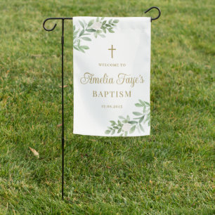 Watercolor White Flowers and Greenery Baptism Garden Flag
