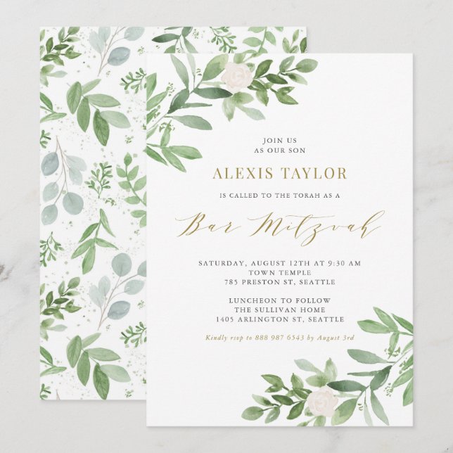 Watercolor White Flowers and Greenery Bar Mitzvah Invitation (Front/Back)
