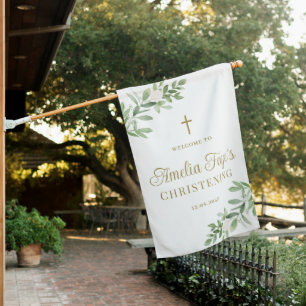 Watercolor White Flowers and Greenery Christening House Flag