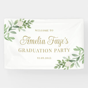 Watercolor White Flowers and Greenery Graduation Banner