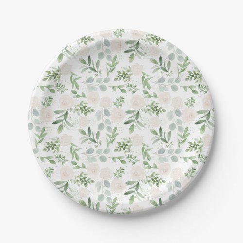 Watercolor White Flowers and Greenery Leaves Paper Plates