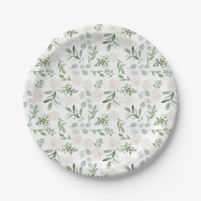 Watercolor White Flowers and Greenery Leaves Paper Plates (Front)