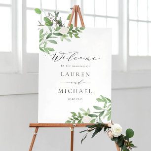 Watercolor White Flowers and Greenery Wedding Poster