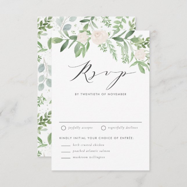 Watercolor White Flowers and Greenery Wedding RSVP Card (Front/Back)