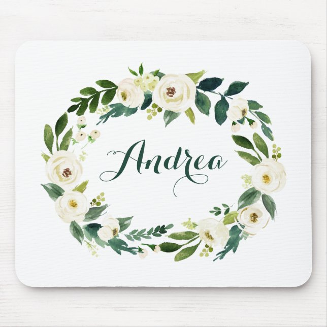 Watercolor White Flowers and Leaves Wreath Script Mouse Pad (Front)
