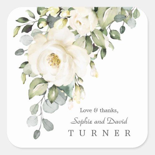 Watercolor White Flowers Eucalyptu Foliage Wedding Square Sticker