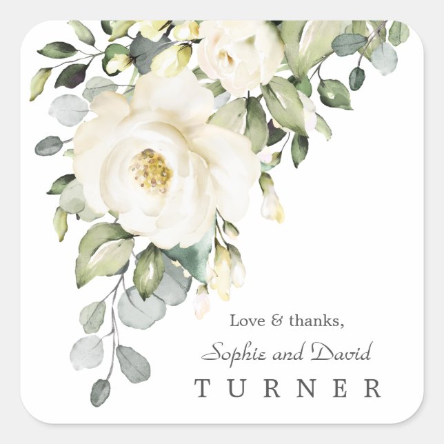 Watercolor White Flowers Eucalyptu Foliage Wedding Square Sticker (Front)