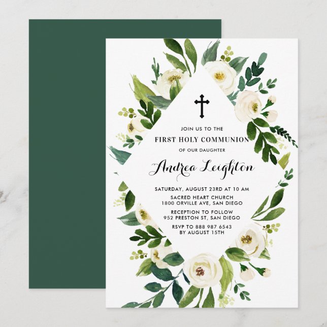 Watercolor White Flowers First Holy Communion Invitation (Front/Back)
