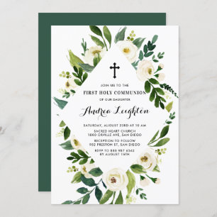 Watercolor White Flowers First Holy Communion Invitation