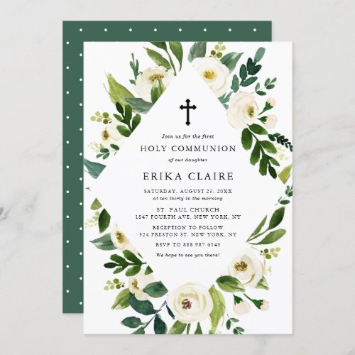 Watercolor White Flowers First Holy Communion Invitation