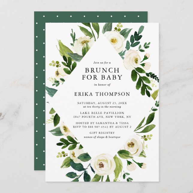 Watercolor White Flowers Frame Baby Shower Brunch Invitation (Front/Back)