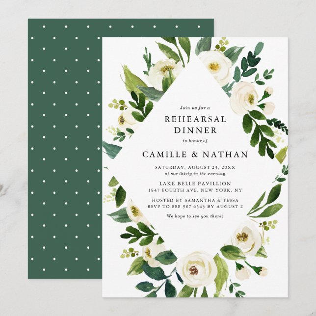 Watercolor White Flowers Frame Rehearsal Dinner Invitation (Front/Back)