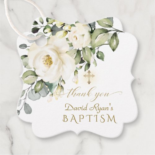 Watercolor White Flowers Gold Cross Boy Baptism  Favor Tags