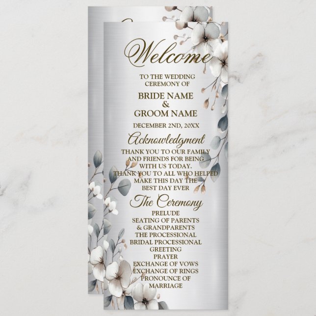 Watercolor White Flowers Gold Frame Silver Wedding Program (Front/Back)