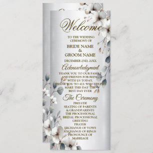Watercolor White Flowers Gold Frame Silver Wedding Program