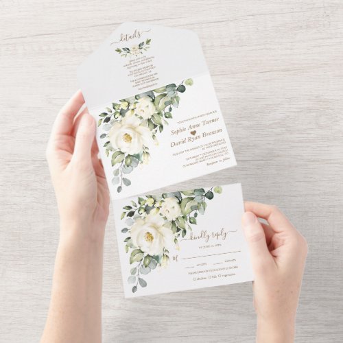 Watercolor White Flowers Gold Monogram Wedding   All In One Invitation