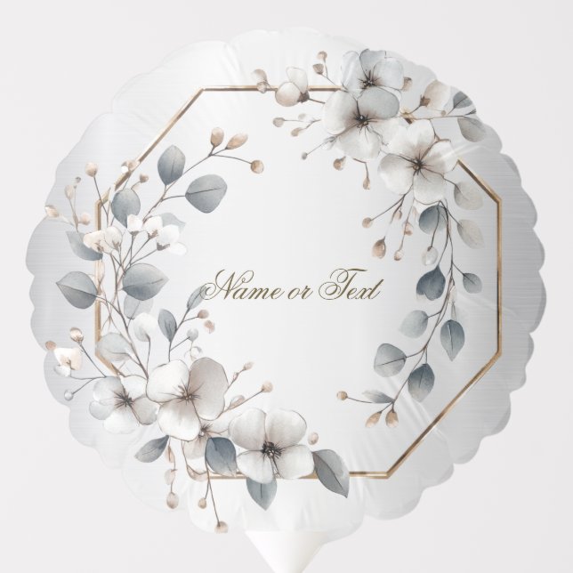Watercolor White Flowers Golden Frame Silver Teal Balloon (Front)