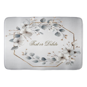 Watercolor White Flowers Golden Frame Silver Teal Bath Mat