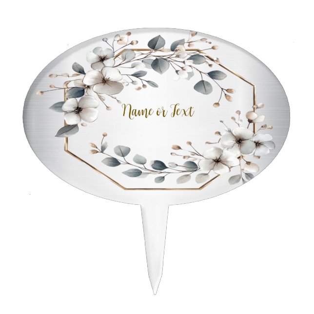 Watercolor White Flowers Golden Frame Silver Teal Cake Topper (Front)
