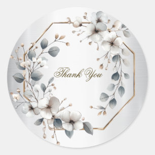 Watercolor White Flowers Golden Frame Silver Teal Classic Round Sticker