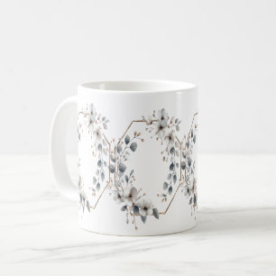 Watercolor White Flowers Golden Frame Silver Teal Coffee Mug