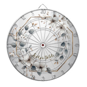 Watercolor White Flowers Golden Frame Silver Teal Dart Board