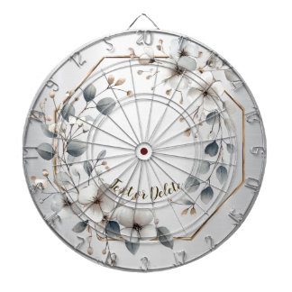 Watercolor White Flowers Golden Frame Silver Teal Dart Board
