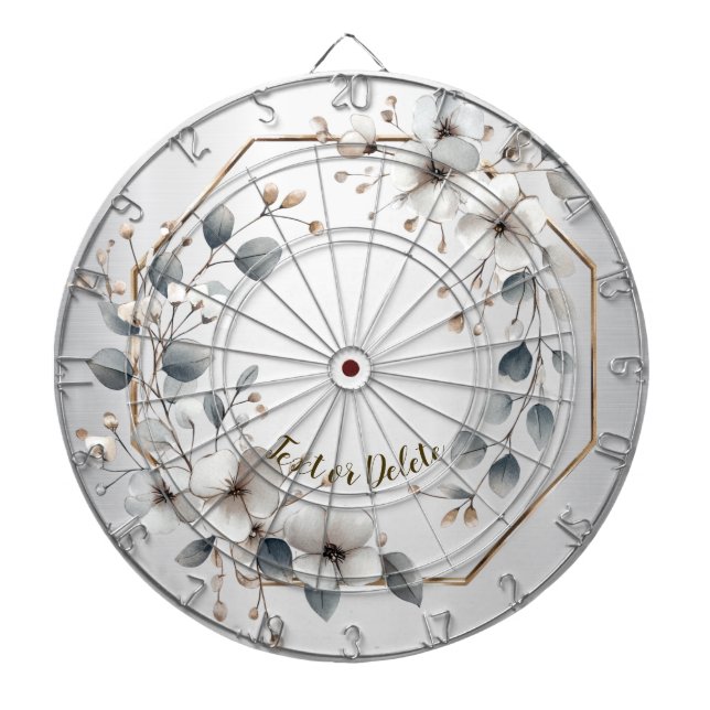 Watercolor White Flowers Golden Frame Silver Teal Dart Board (Front)