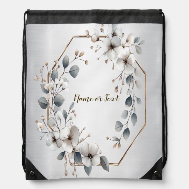 Watercolor White Flowers Golden Frame Silver Teal Drawstring Bag (Front)