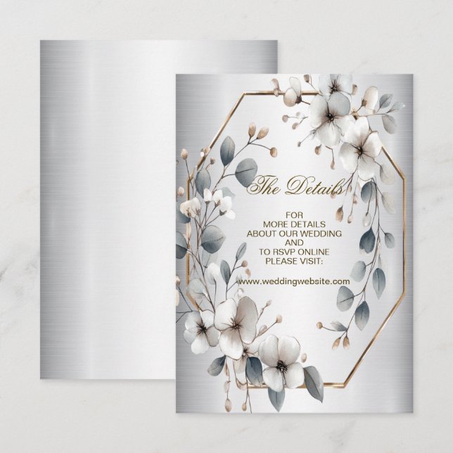 Watercolor White Flowers Golden Frame Silver Teal  Enclosure Card (Front/Back)