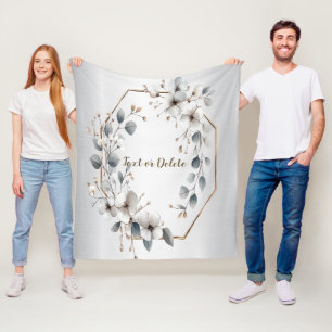 Watercolor White Flowers Golden Frame Silver Teal Fleece Blanket