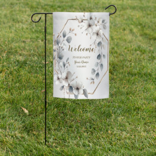 Watercolor White Flowers Golden Frame Silver Teal Garden Flag