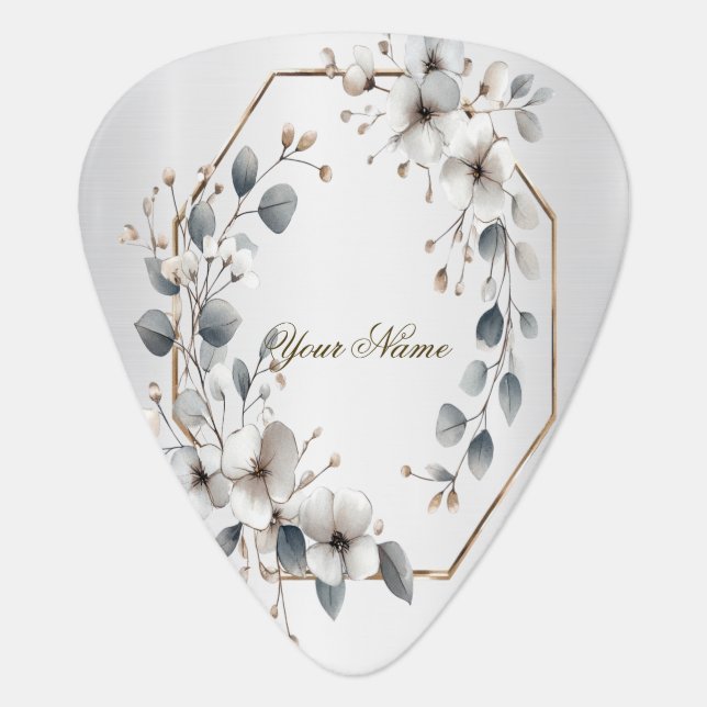 Watercolor White Flowers Golden Frame Silver Teal Guitar Pick (Front)