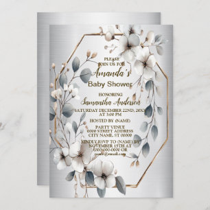 Watercolor White Flowers Golden Frame Silver Teal Invitation