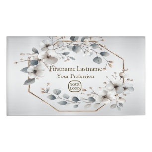 Watercolor White Flowers Golden Frame Silver Teal Name Tag