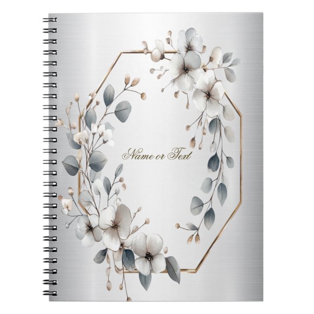 Watercolor White Flowers Golden Frame Silver Teal Notebook (Front)