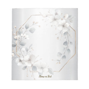 Watercolor White Flowers Golden Frame Silver Teal Notepad