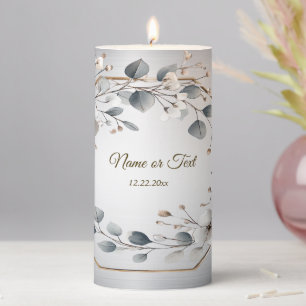 Watercolor White Flowers Golden Frame Silver Teal Pillar Candle