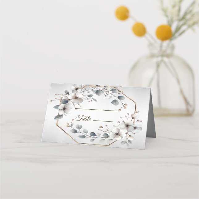 Watercolor White Flowers Golden Frame Silver Teal Place Card (Front)