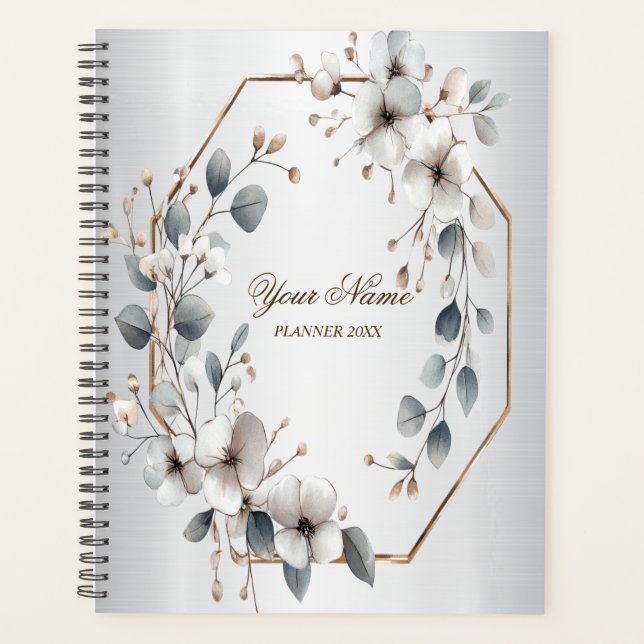 Watercolor White Flowers Golden Frame Silver Teal Planner (Front)