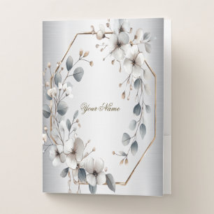 Watercolor White Flowers Golden Frame Silver Teal Pocket Folder