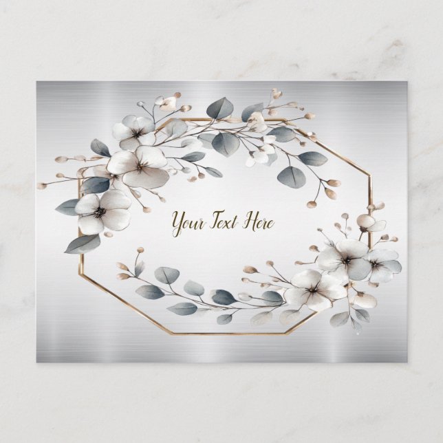 Watercolor White Flowers Golden Frame Silver Teal Postcard (Front)