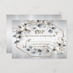 Watercolor White Flowers Golden Frame Silver Teal RSVP Card